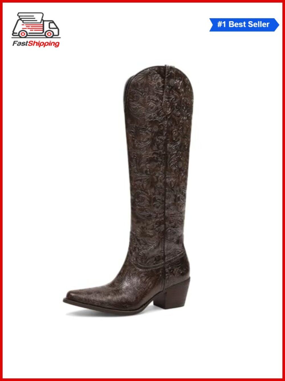 ✨ Knee High Western Cowboy Boots Pointed Toe Block Heel Pull On